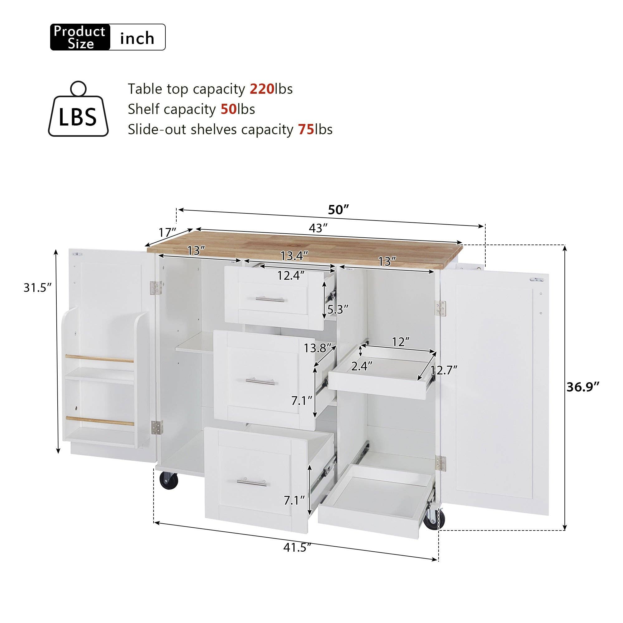 Orange County Decor - Wholesale Kitchen Storage/Organizer - K&K Rolling Kitchen Island With Storage, Kitchen Cart With Rubber Wood Top, 3 Drawer, 2 Slide Out Shelf And Internal Storage Rack, Kitchen Island On Wheels With Spice Rack & Tower Rack, White White8