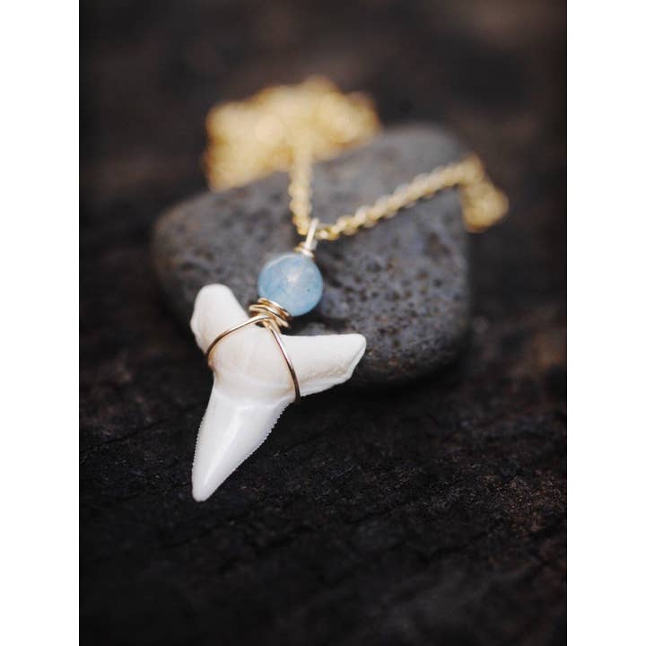 Mano Shark Tooth Necklace // Choose Your Gemstone: Moonstone, Aqua Marine And More! // Wire Wrapped Jewelry // Handmade In Hawaii With Love for wholesale by Treehouse Jewelry Hawaii