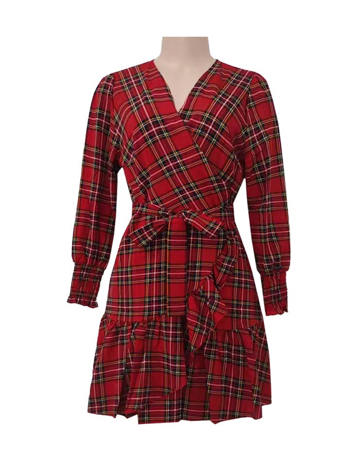 Plaid Print V-Neck Puff Sleeves Ruffle Hem Dress for wholesale by Rosa Clothing