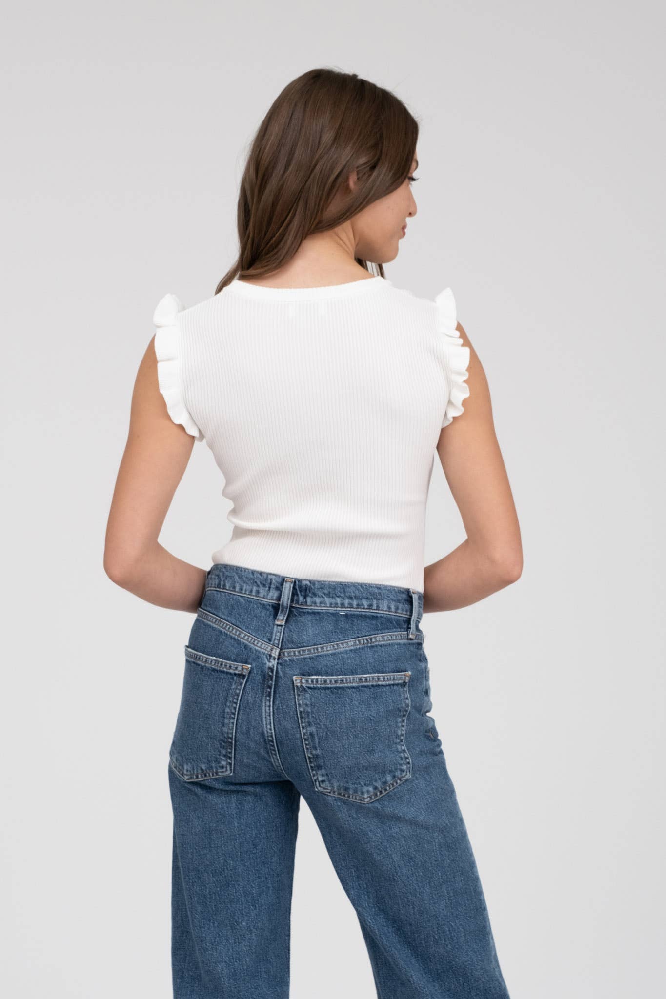 The Workshop Studio - Wholesale Knit Top - Women's - RUFFLE SLEEVELESS SWEATER KNIT TOP1