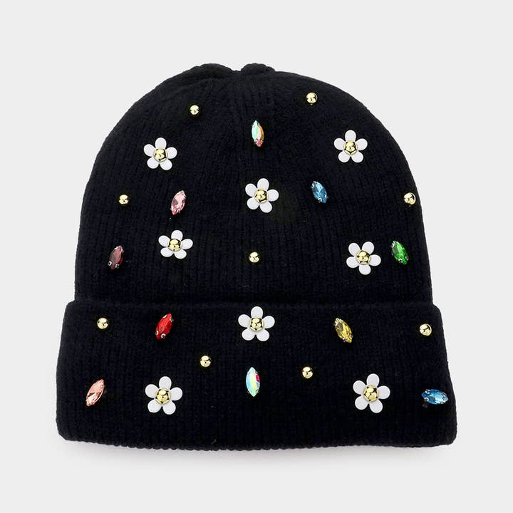 Wona Trading, Inc. - Wholesale Beanie - Women's - Fleece Lining Daisy Flower Stone Solid Knit Beanie Hat