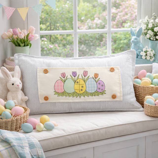 PillowPanels - Wholesale Throw/Decorative Pillow - PANEL ONLY: RECTANGLE Spring, Pastel, Bunny, Buffalo Check, Checkered Gingham; PASTEL QUILTED EGGS with TUILIPS