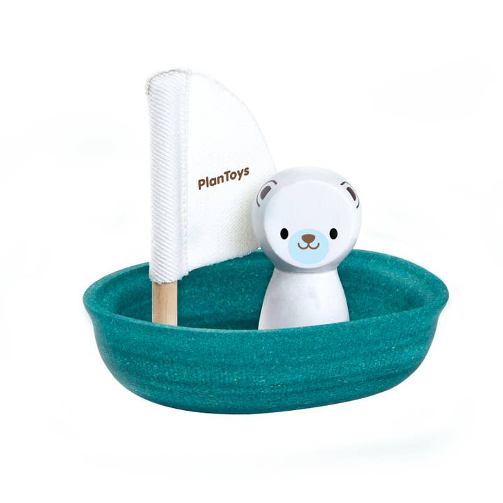 Sailing Boat Polar Bear Wooden Bath Toy PlanToys for wholesale by Little Concepts Distribution Ltd