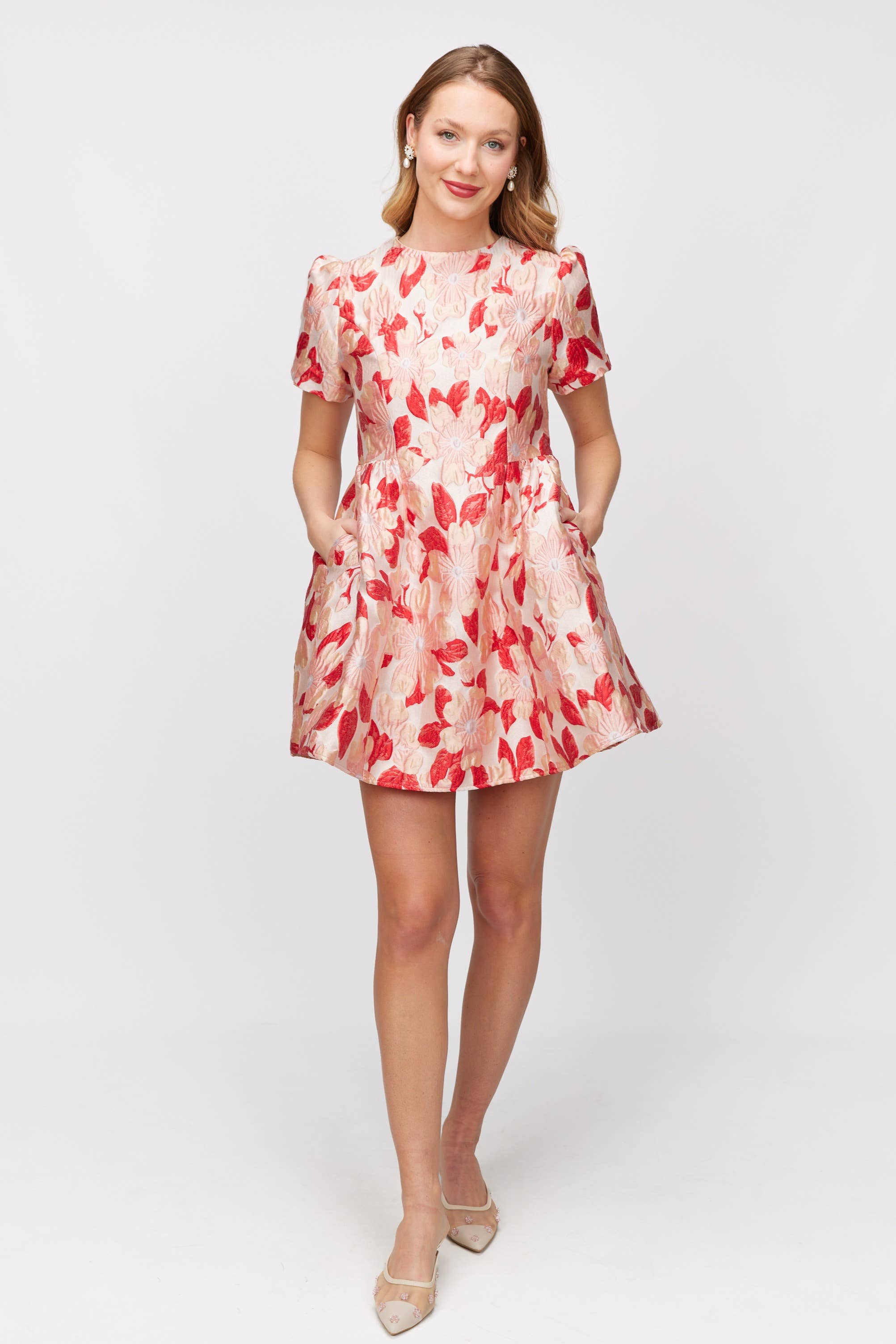 Rose/rouge Robe Mini-Jupe Trapèze en Jacquard Fleuri en vente sur Faire0