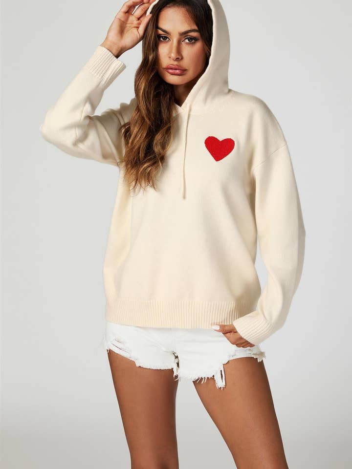 Heart Embroidery Knitted Hoodie In Cream for wholesale by FS Collection (Germany)