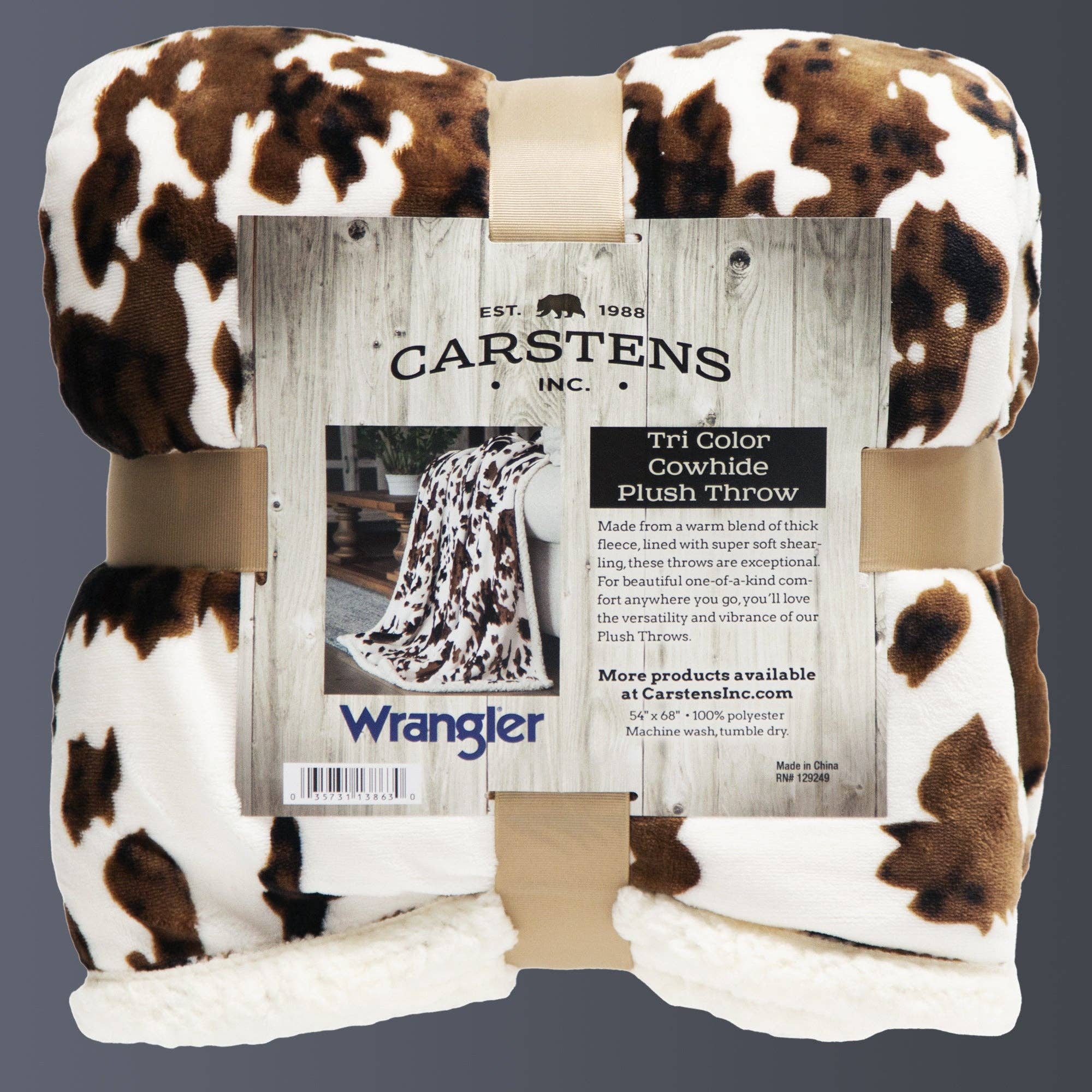 Carstens, Inc. - Wholesale Throw Blanket - Wrangler® Tri-color Cowhide Plush Sherpa Throw4