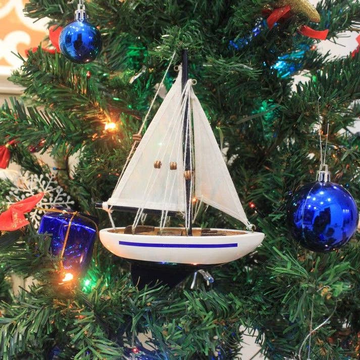 Hampton Nautical - Wholesale Ornament - Wooden Blue Sailboat Christmas Tree Ornament 9"
