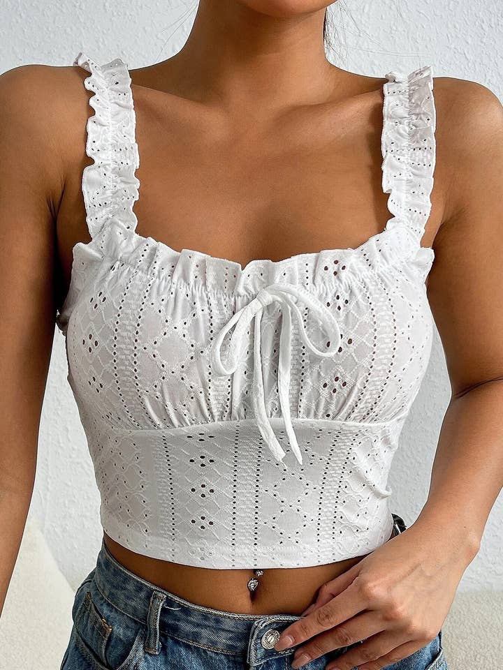 Ruffled Lace Cutout Crop Tank Top for wholesale by HIDDENBRAND