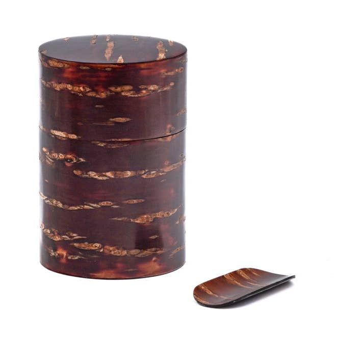 Tezumi - Wholesale Canister - Japanese Chazutsu - Tomioka - Kabazaiku Wooden Cherry Bark Tea Canister and Scoop1
