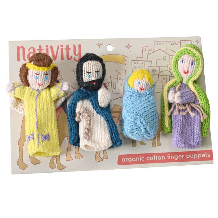 Lot de 4 marionnettes Nativity Story en coton biologique, cadeau de Noël pour la vente par Lucuma Designs