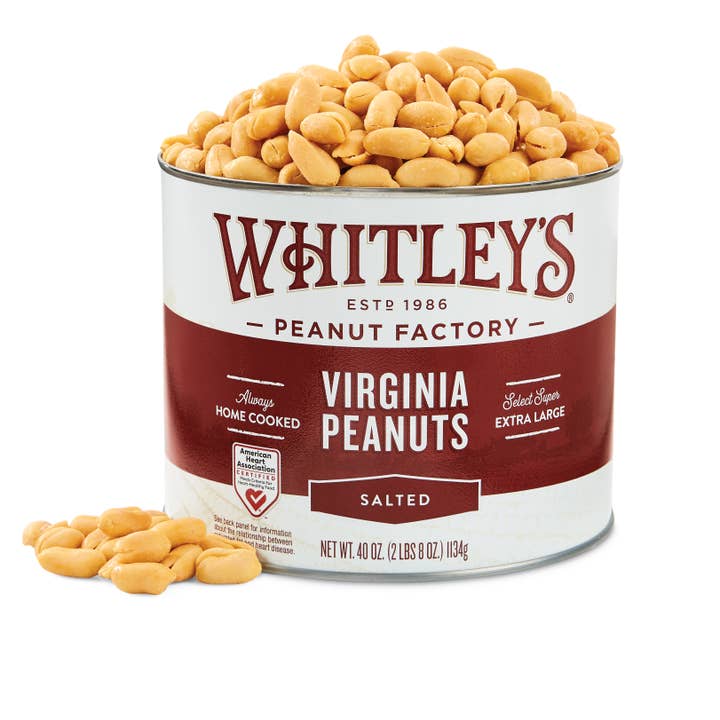 40 oz. Tins Salted Virginia Peanuts for wholesale by Whitley's Peanut Factory