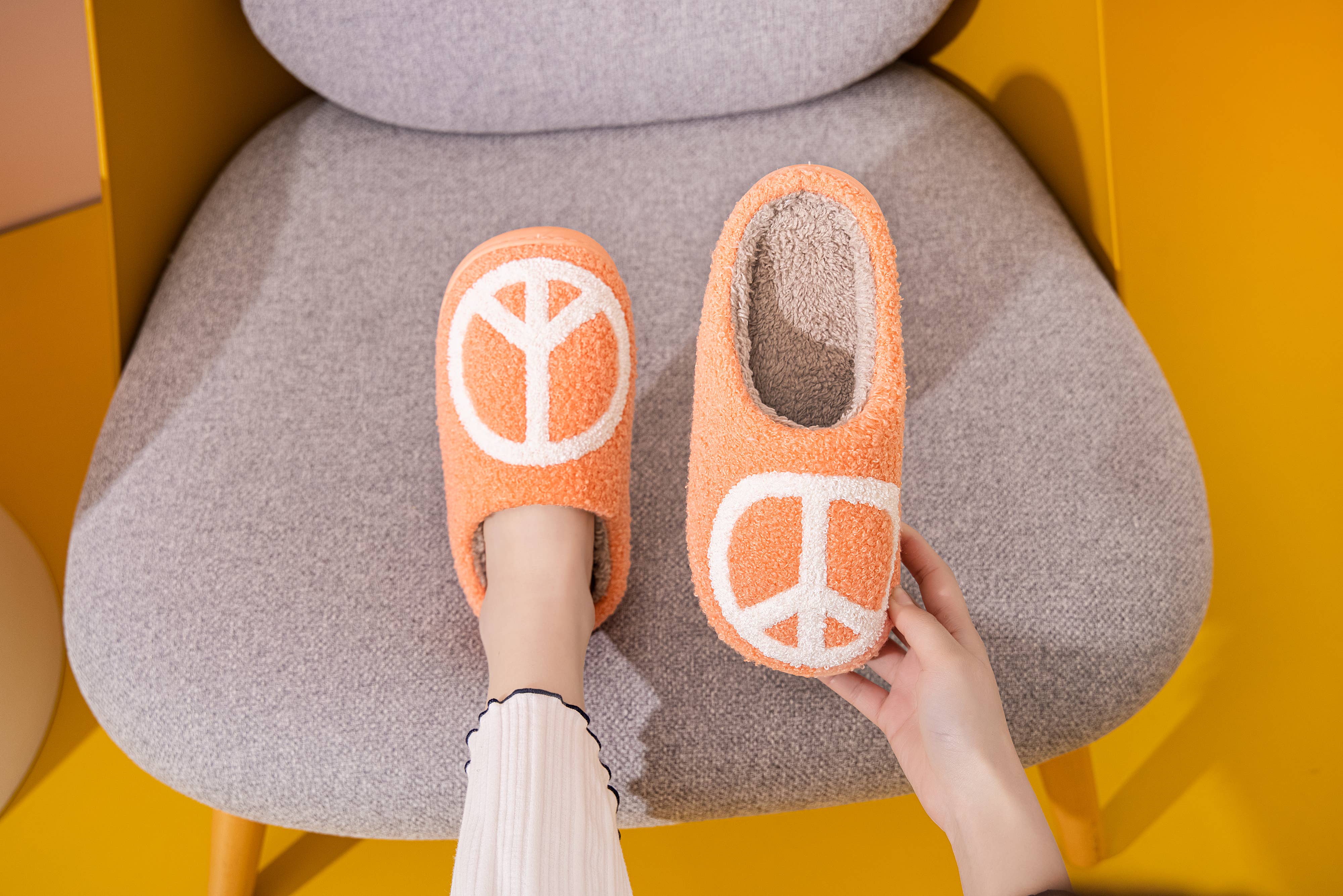 Peace Symbol Illustrated Plush Fur Slip on Slippers for wholesale on Faire6