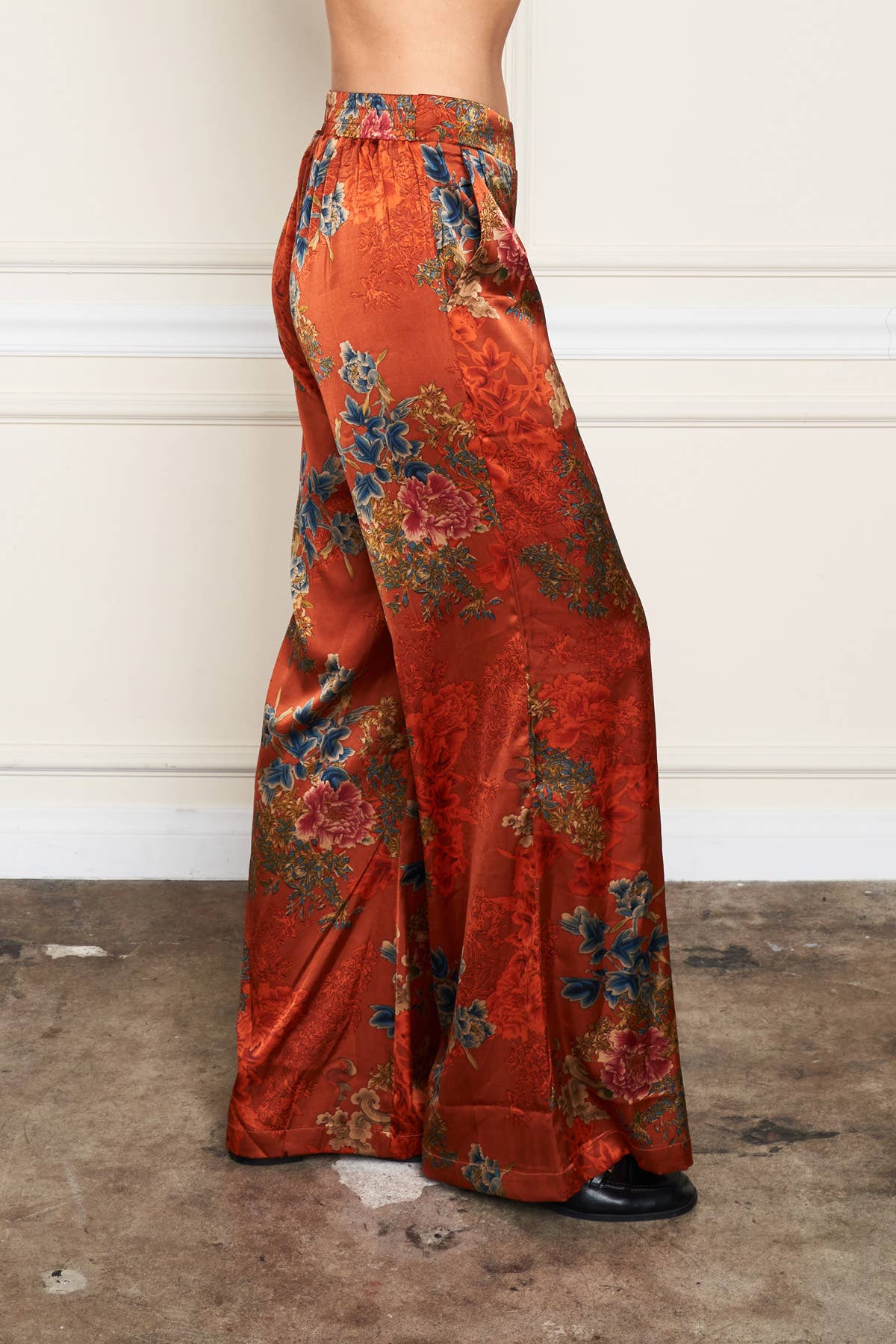 5771-MAP Satin Rust Print Palazzo Pant for wholesale on Faire4