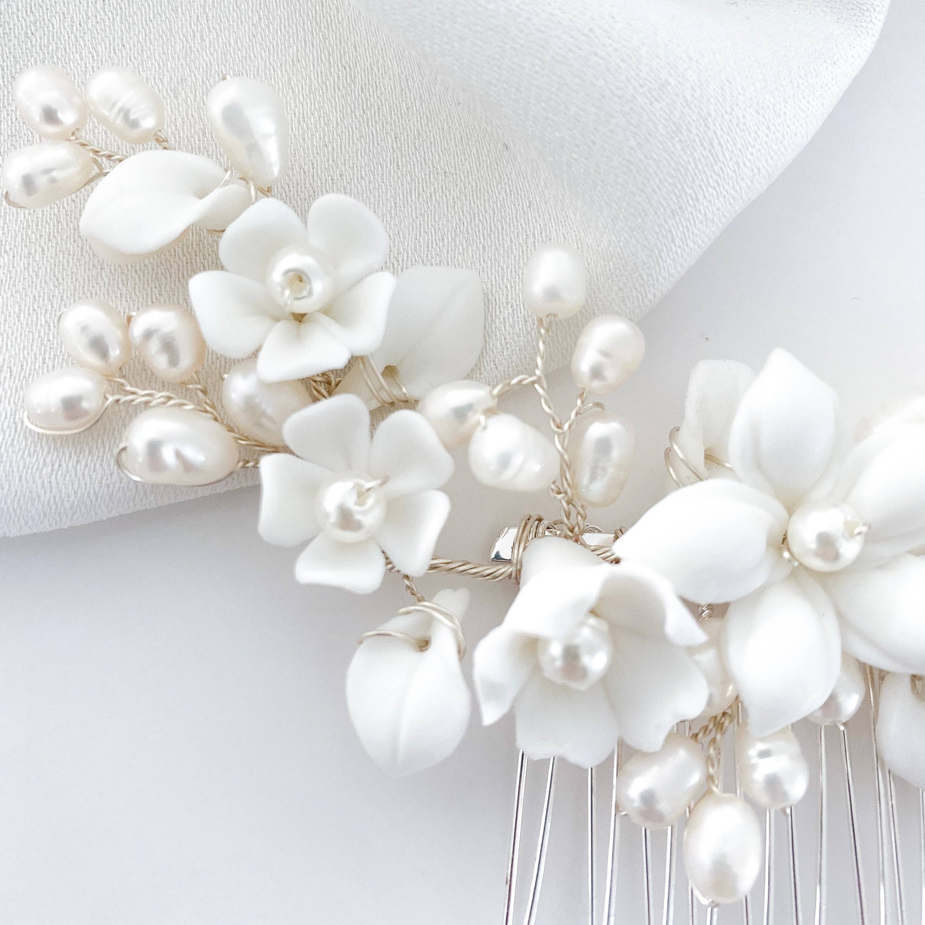 Nicholls Jewellery - Wholesale Hair Pin - Porcelain White Flower and Freshwater Pearl Comb4