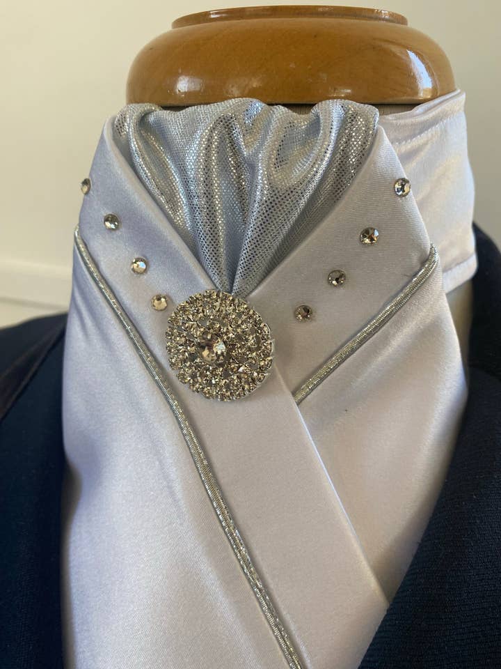 HHD White Dressage Stock Tie ‘Shine’ Silver with Swarovski Crystals for wholesale by Heavenly Horse Designs