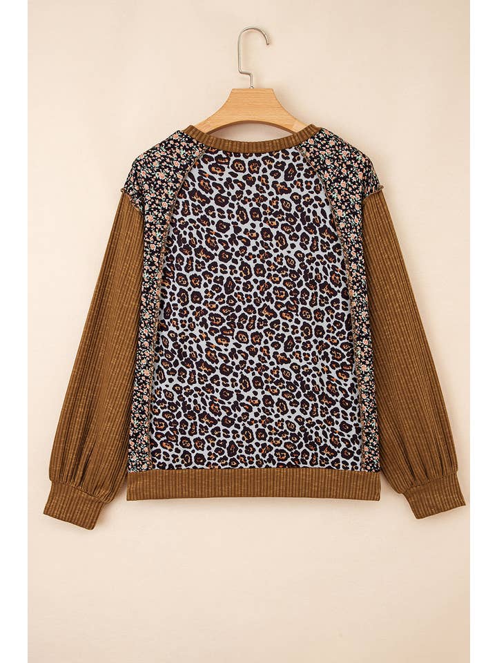Brown Leopard Floral Patchwork Ribbed Puff Sleeve Top for wholesale on Faire5
