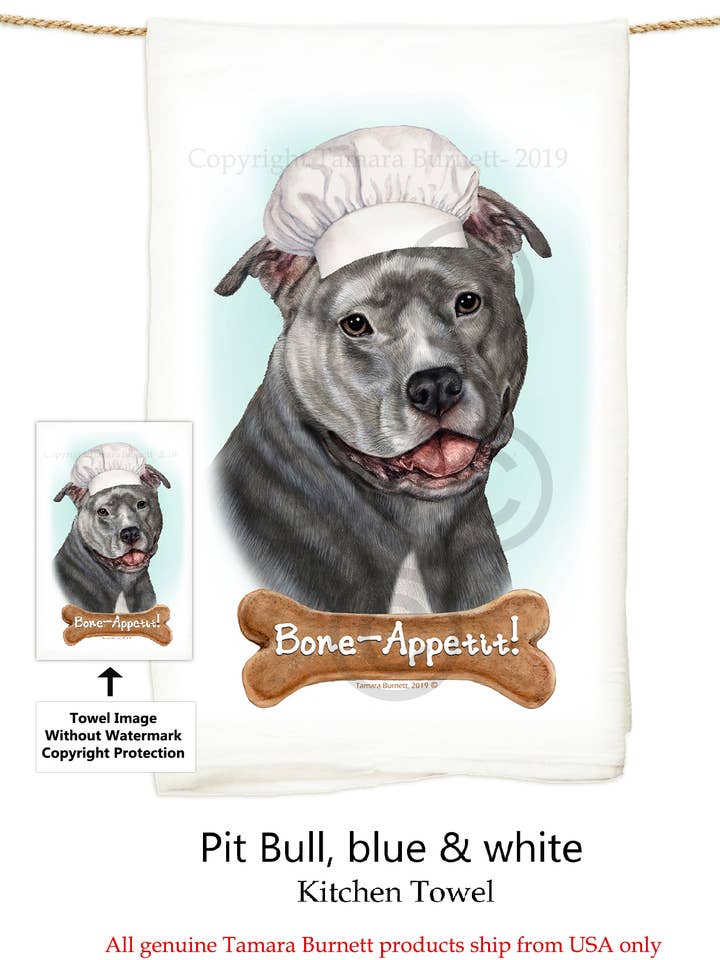 Pit Bull Blue Uncropped White Flour Sack Kitchen Towel for wholesale by Pet Gifts USA, LLC