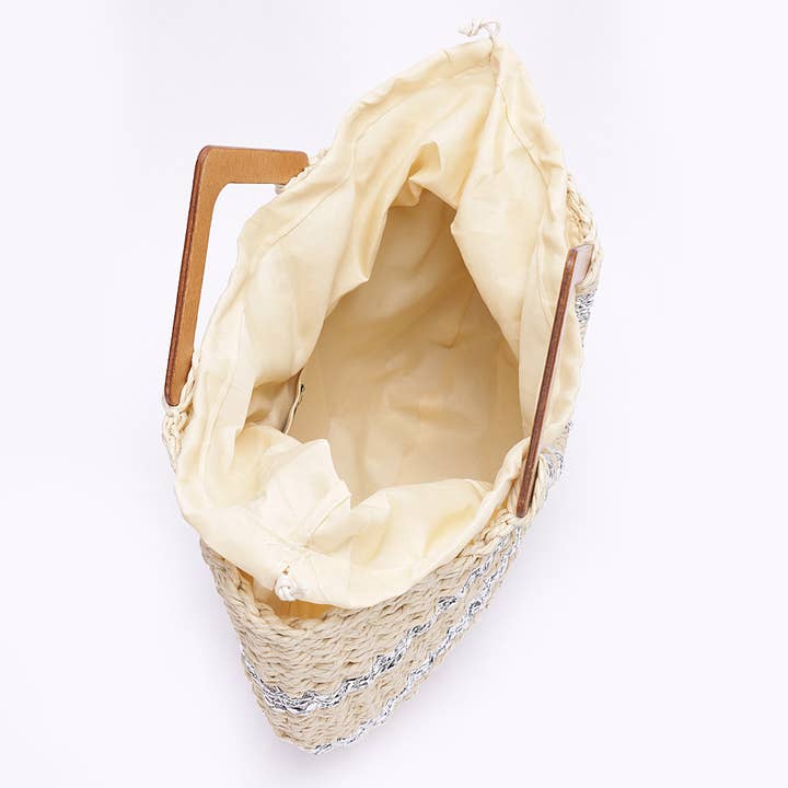 3AM BY H&D ACCESSORIES - Vendita all'ingrosso Borsa da spiaggia - Borsa artigianale effetto paglia con manico in legno e righe metalliche2