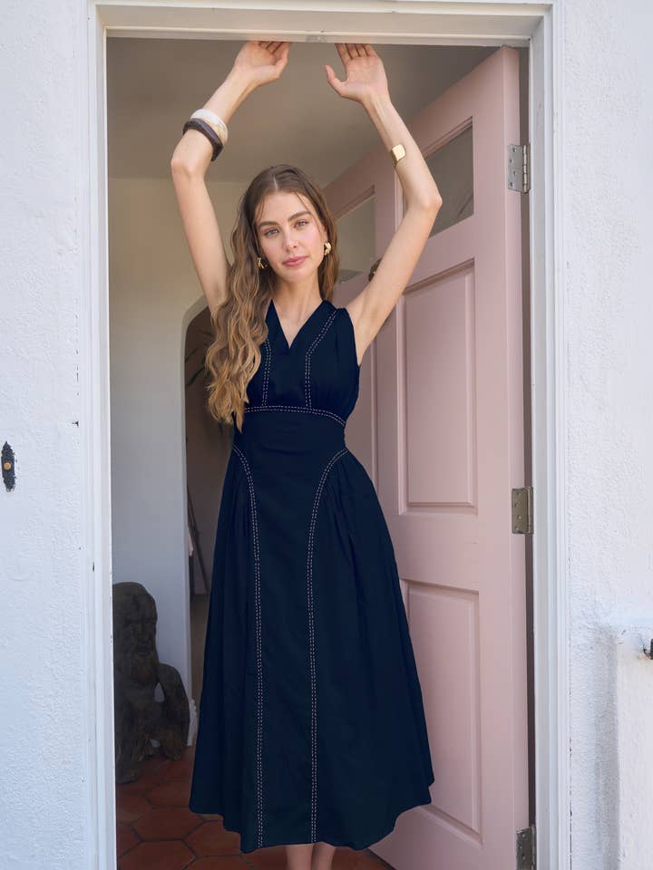 TIE BACK CONTRAST STITCH MIDI DRESS for wholesale by Moon River