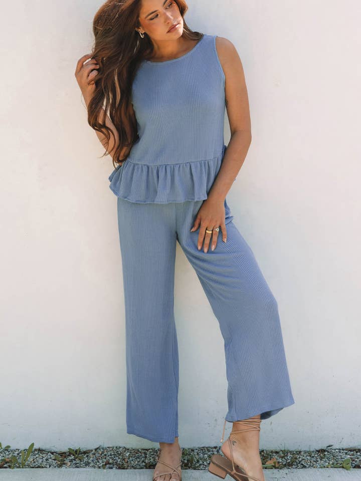 Beau Blue Solid Color Ribbed Ruffle Tank Top and Pants Set for wholesale on Faire11