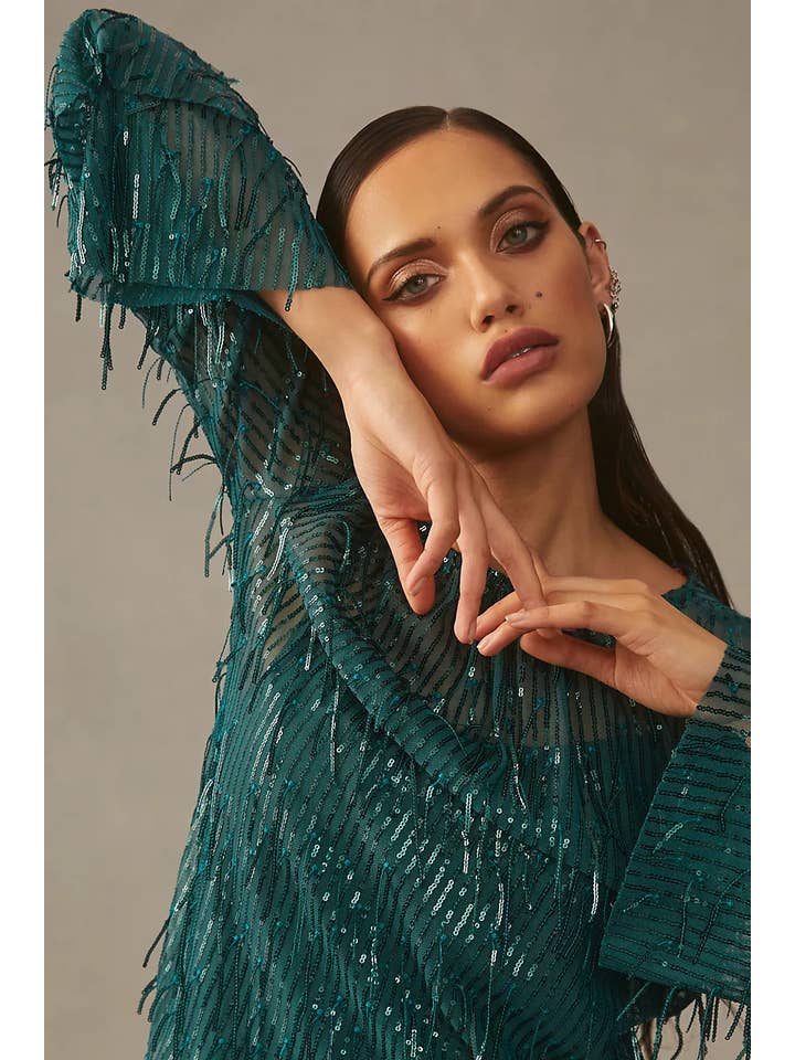 Eva Franco - Wholesale Blouse - Women's - Fall Long Sleeve Sequin Fringe Top – Glitter Pine4