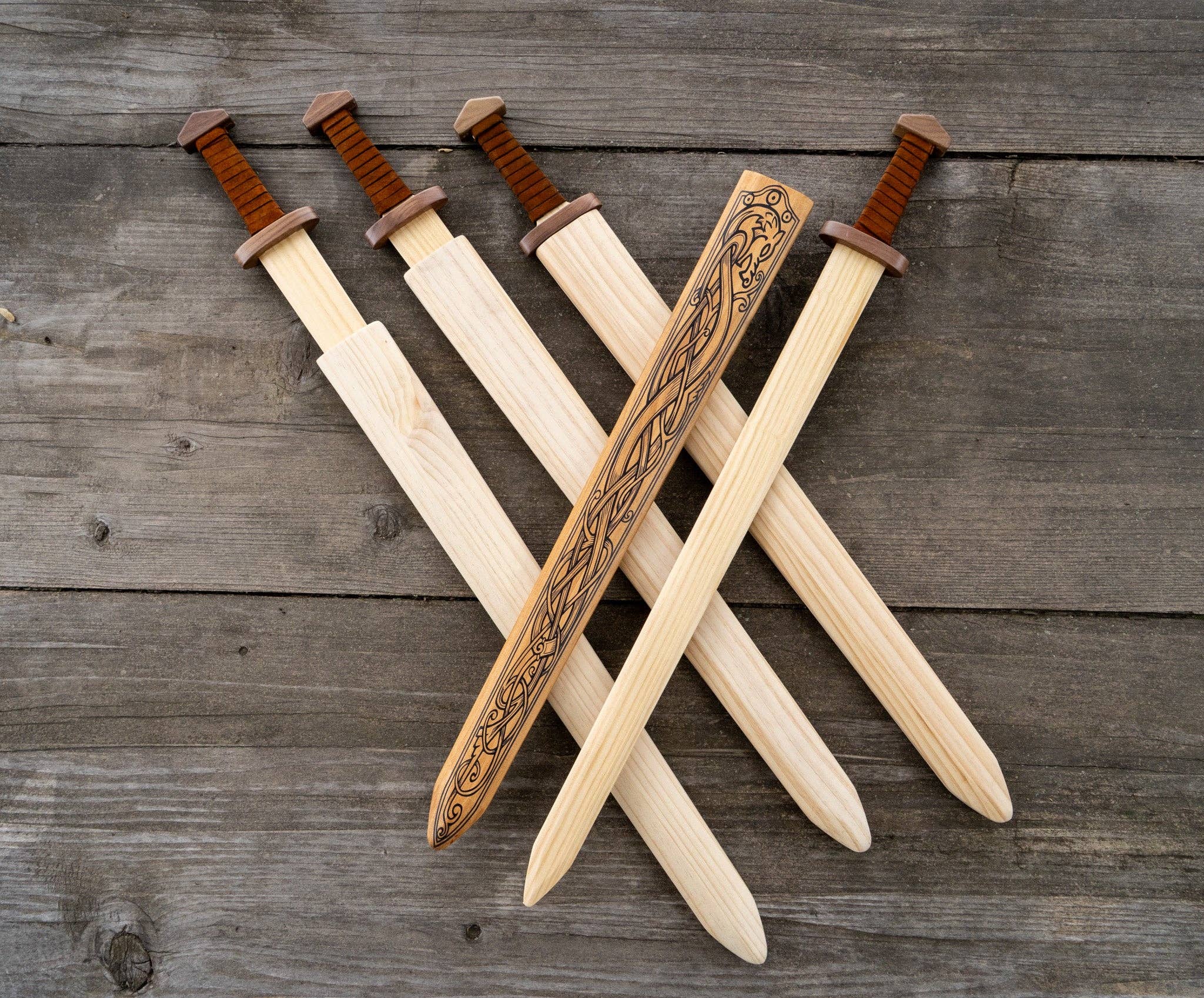 Backwoods Provisions - Wholesale Classic Toy - Kids - Large Wood Replica Viking Sword ith Norse Motif, Wooden Sheath with Leather Wrapped Handle9