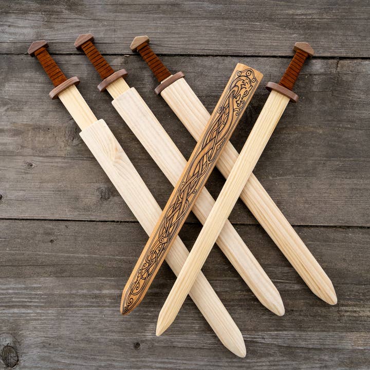 Backwoods Provisions - Wholesale Classic Toy - Kids - Large Wood Replica Viking Sword ith Norse Motif, Wooden Sheath with Leather Wrapped Handle9