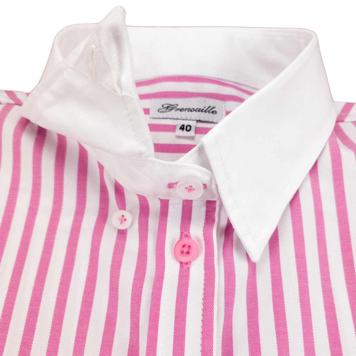 Salamander Shirts Ltd – wholesale Tröjor – Dam – Grenouille damskjorta med rosa och vita ränder, fransk dubbelmanschett5