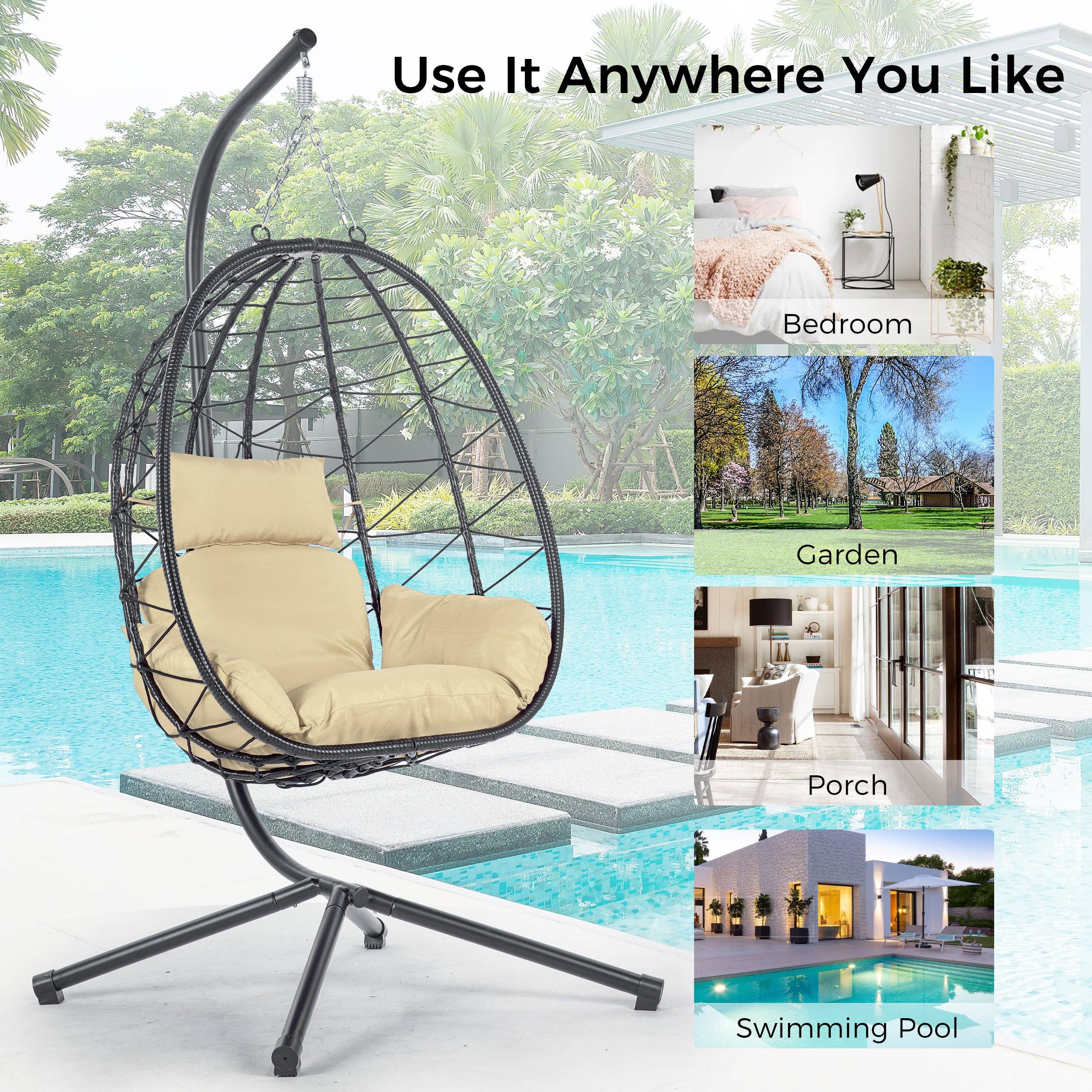 39F Inc. - Wholesale Egg Chair - Beige Wicker Hanging Egg Chair with Stand for Indoor Outdoor7