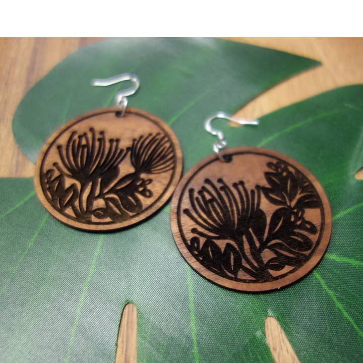 Koa Wood Ohia Lehua Örhängen, Stora för wholesale av Aloha Cuts