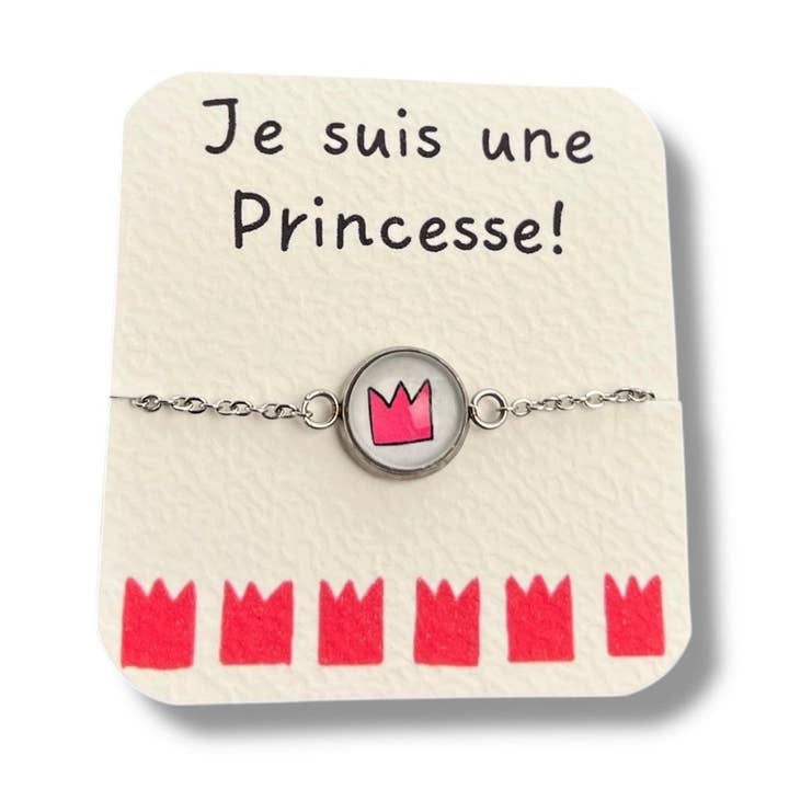 Child's Stainless Steel Bracelet, Pink Crown / "I am a Princess!" for wholesale by Dans l'Air du Temps Bijoux