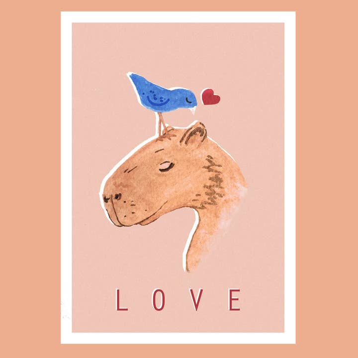 Katinka Feijs - Wholesale Art Print - Capybara & Bird Illustration, A4 Art Print