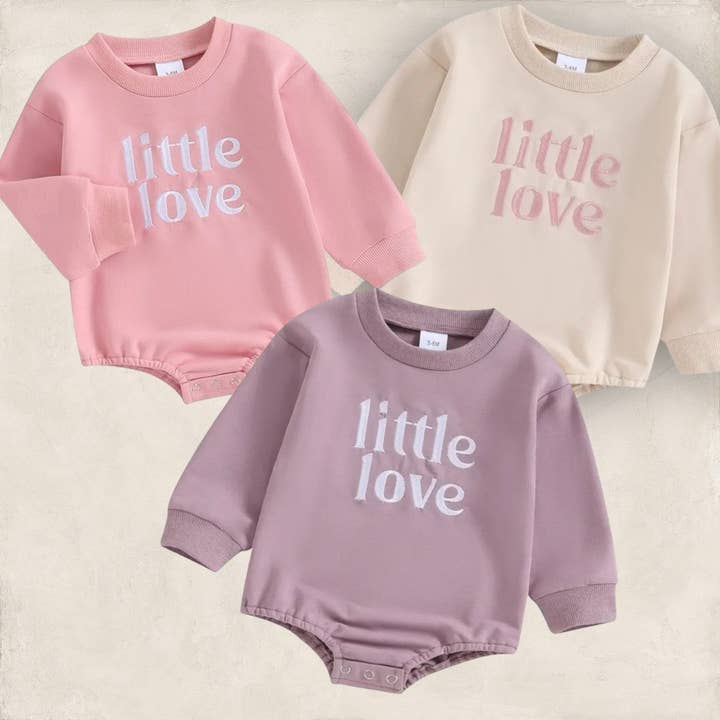 Little Love Embroidered Sweatshirt Romper for wholesale by Bodoke Kids Boutique