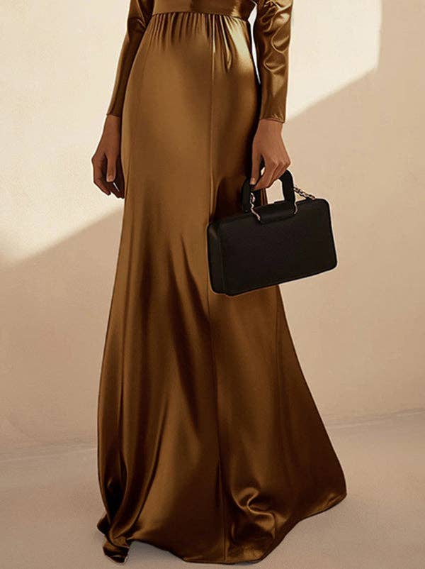 OURO Vestido Comprido de Manga Comprida Plissado Brilhante com Gola Alta para venda a revendedores na Faire10