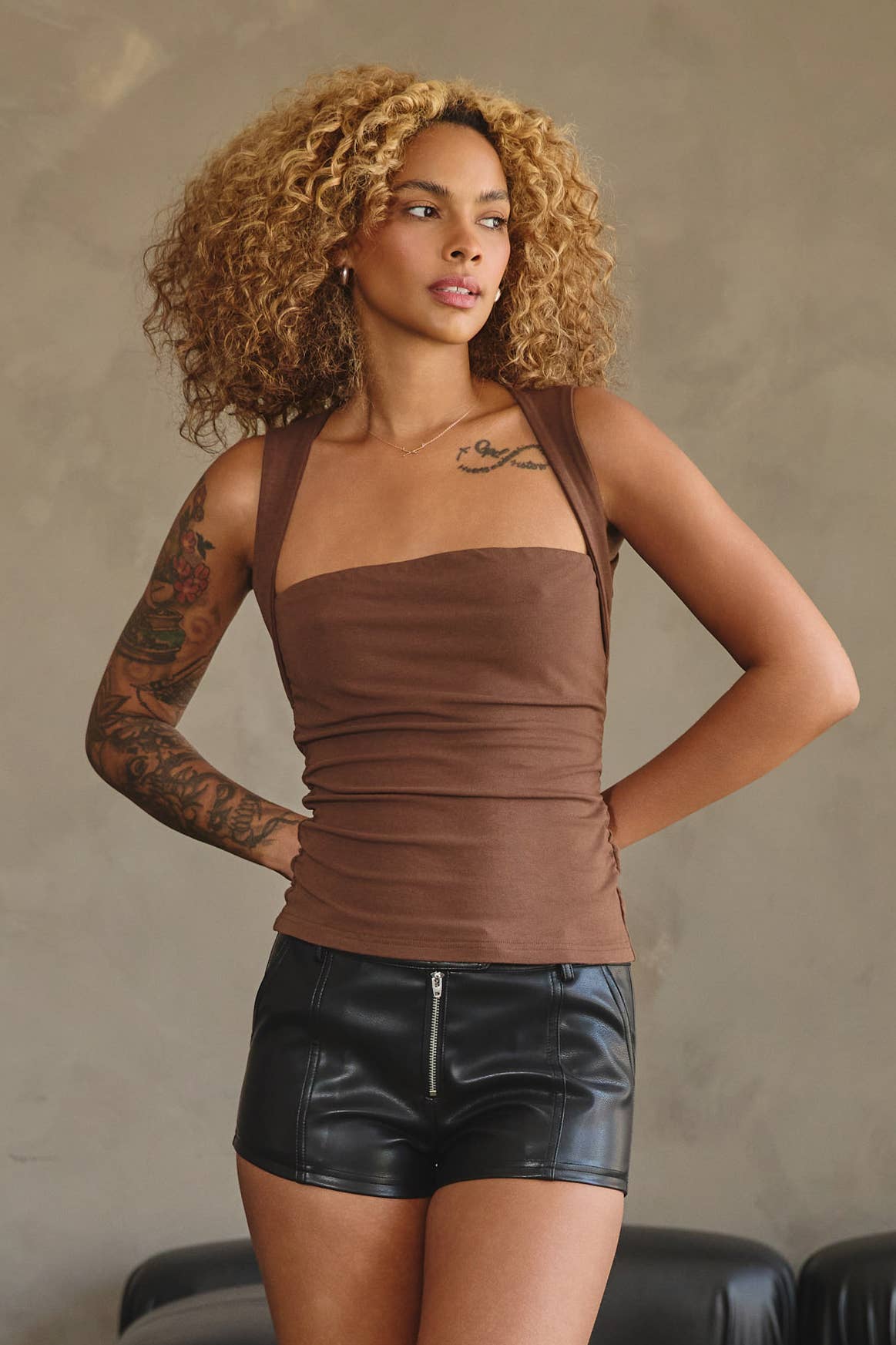 No Vacancy - Wholesale Tank Top - Women's - Square neck jersey sleeveless top w/ side ruching
