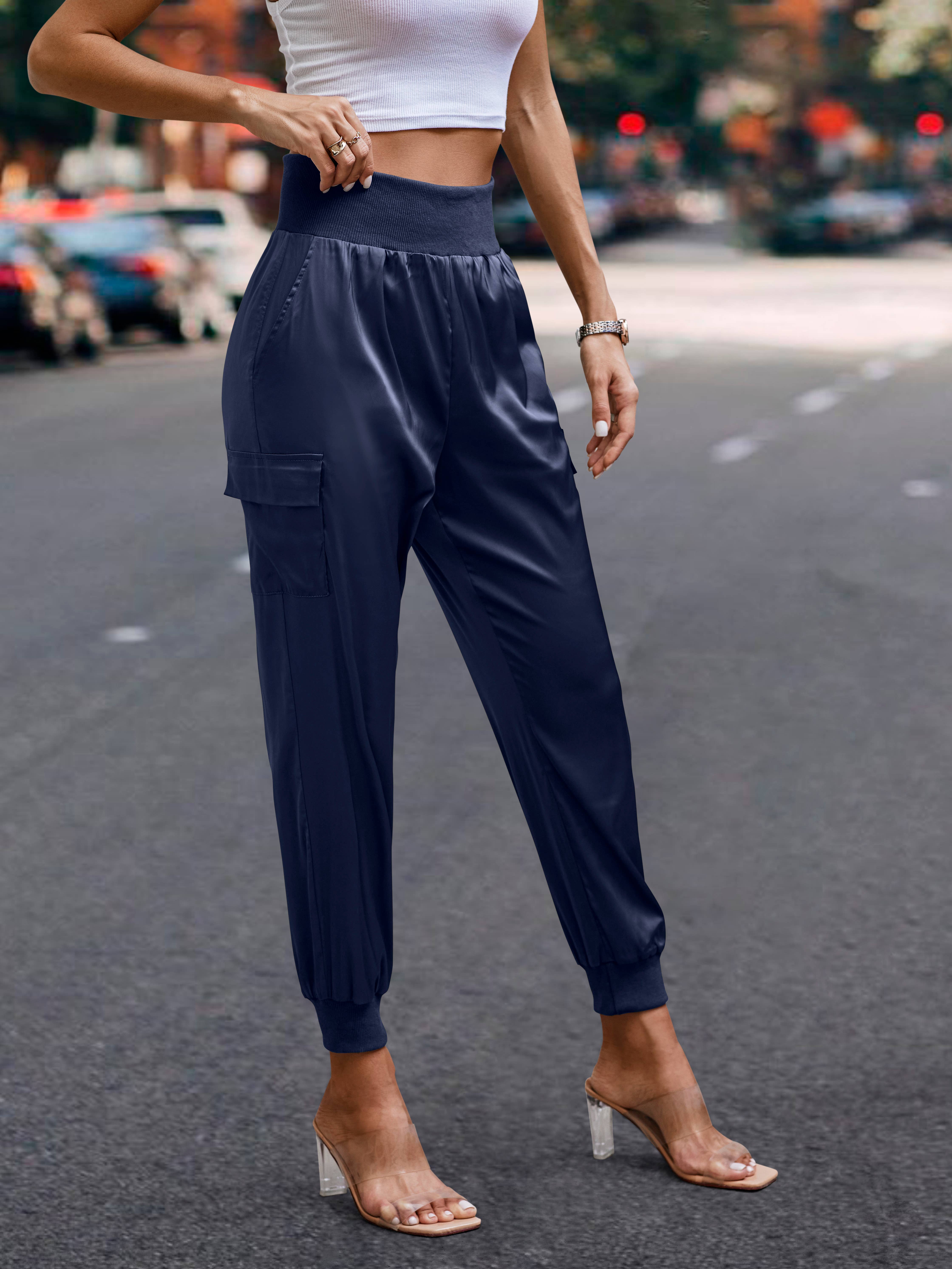 eLook - Wholesale Lounge Sweatpants/Joggers - Women's - SZ1-P0012 Satin Cargo Jogger with Ribbed Waist23