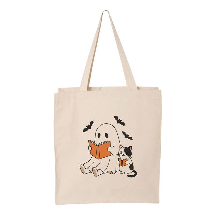 Lucky Luna Apparel - Wholesale Tote Bag - Women's - Reading Books Cat and Ghost Tote Bag