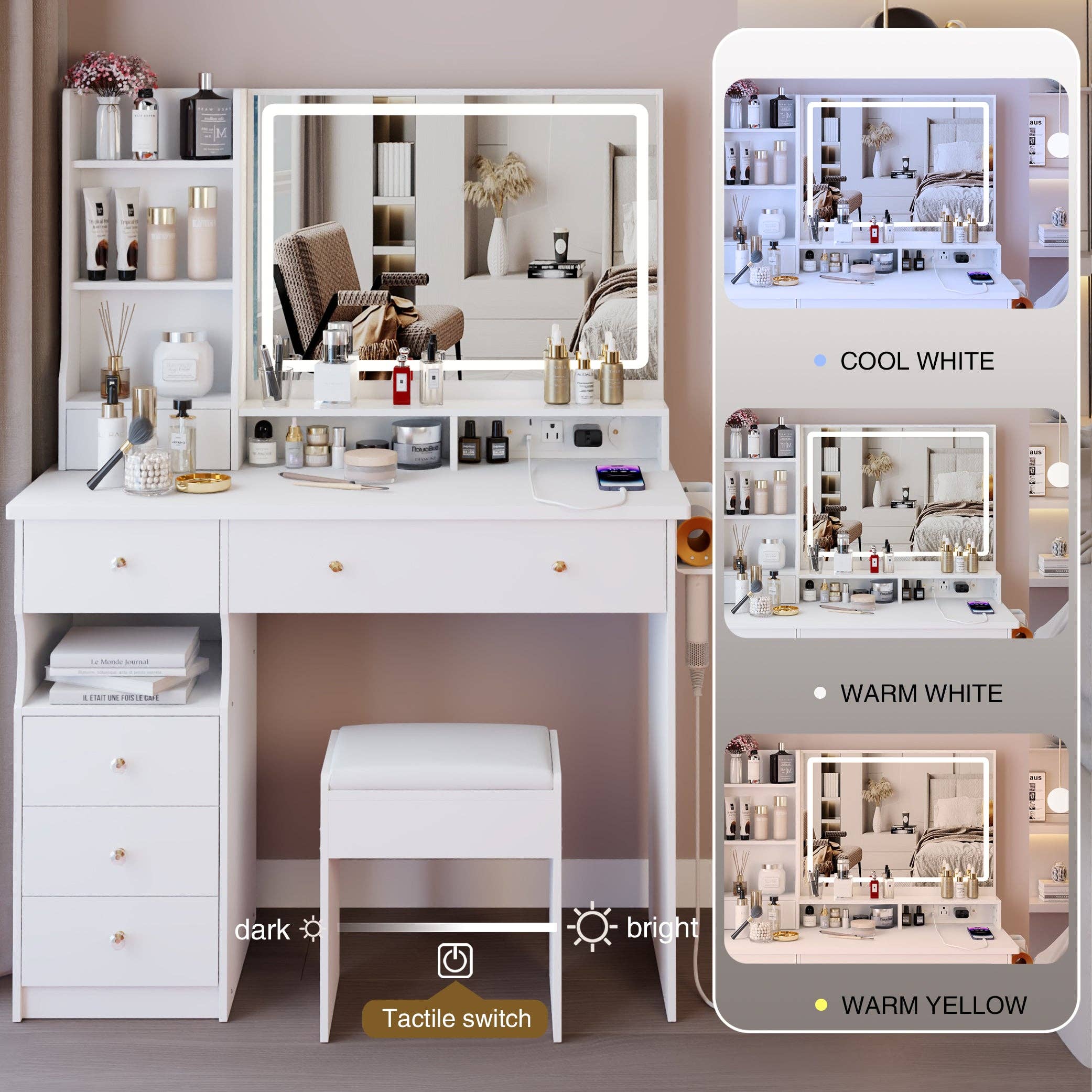 39F Inc. - Vente Miroir de courtoisie - Ensemble de coiffeuse blanche de 41'' avec station d'alimentation et miroir LED6