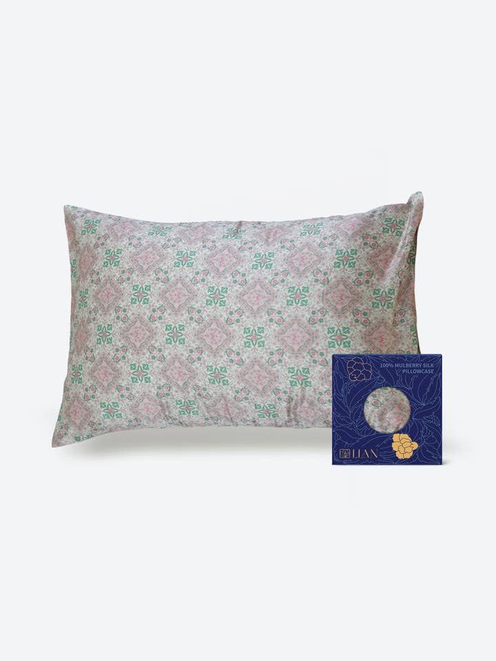 Geometric design 100% pure Silk Pillowcase – Pink & Green  for wholesale by Lian Collection