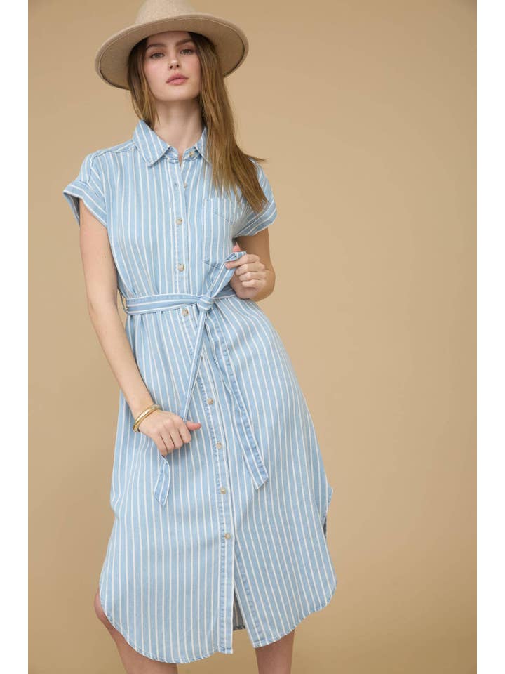STRIPE CHAMBRAY COLLARED TIE BELT STRAP MIDI DRESS for wholesale on Faire