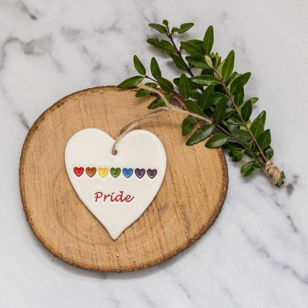 Broadlands Pottery – wholesale Ornament – Rainbow - Pride with rainbow hearts - Handmade ceramic heart0