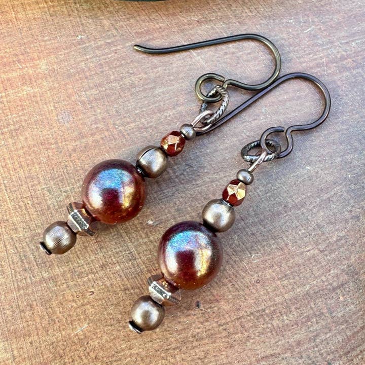 Ornament Earrings Brick Red Glass Copper Dangle Niobium Wire for wholesale by Vintage Earth