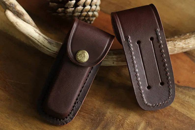 Shokunin USA – wholesale Pocket knife/holder – Handcrafted Leather Knife Sheath with Brass Snap0