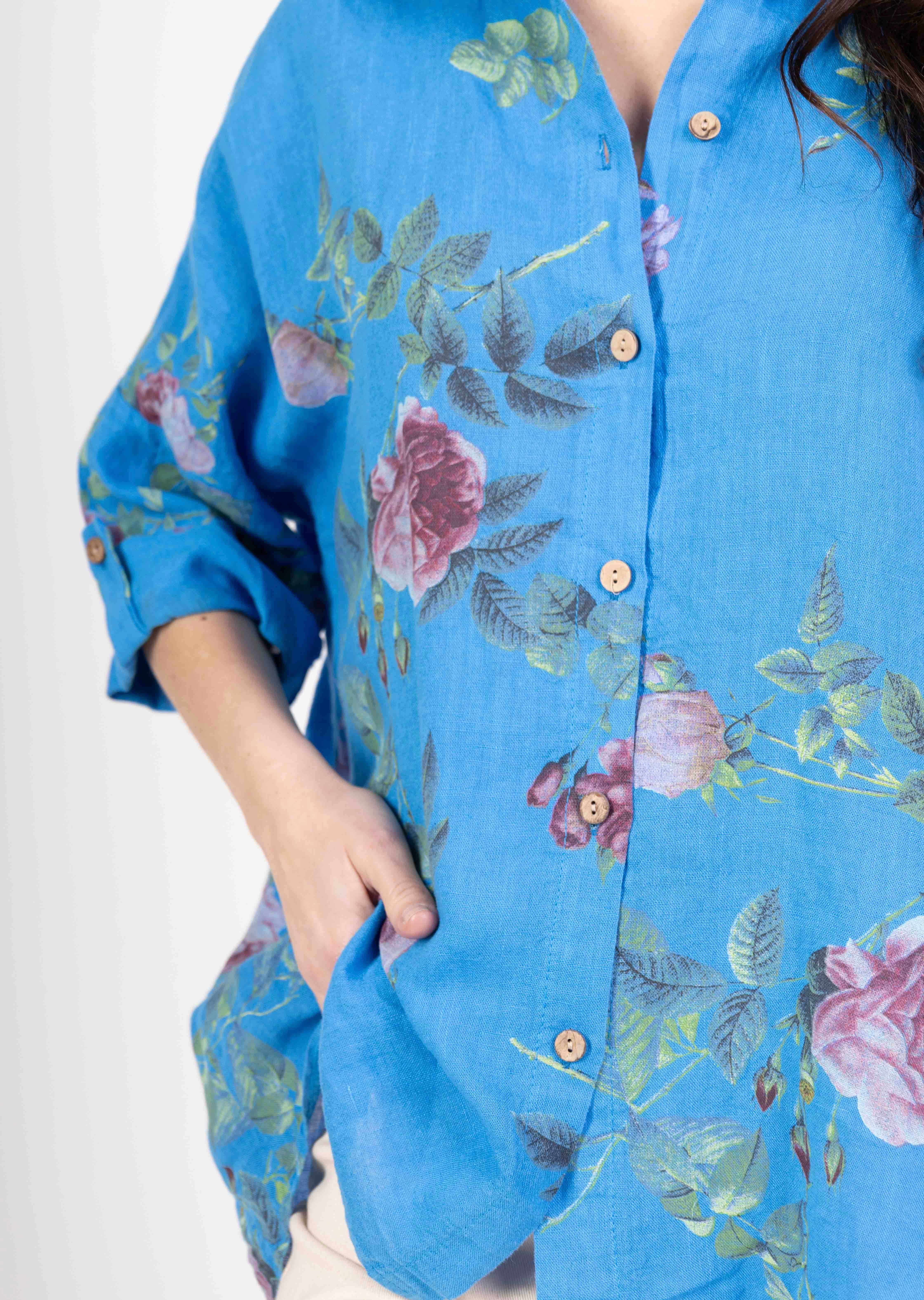 LINEN & COTTON HOUSE – Engroshandel Skjorte med buttondown – til kvinder – Tunika i 100% hør med blomsterprint 523511