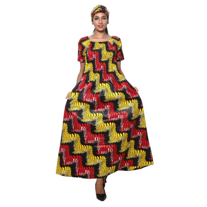 Women's Printed Smocking Short Sleeve Maxi Dress - FI-50071 for wholesale by African Stars