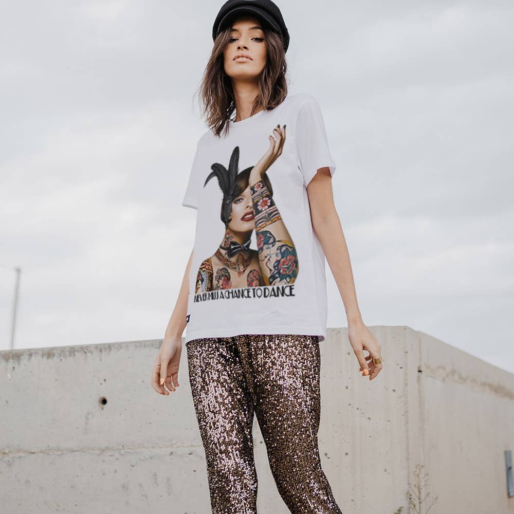 BE HAPPINESS - Wholesale Screen Printed T-Shirt - Unisex - LINDA CABARET WHITE T-SHIRT3