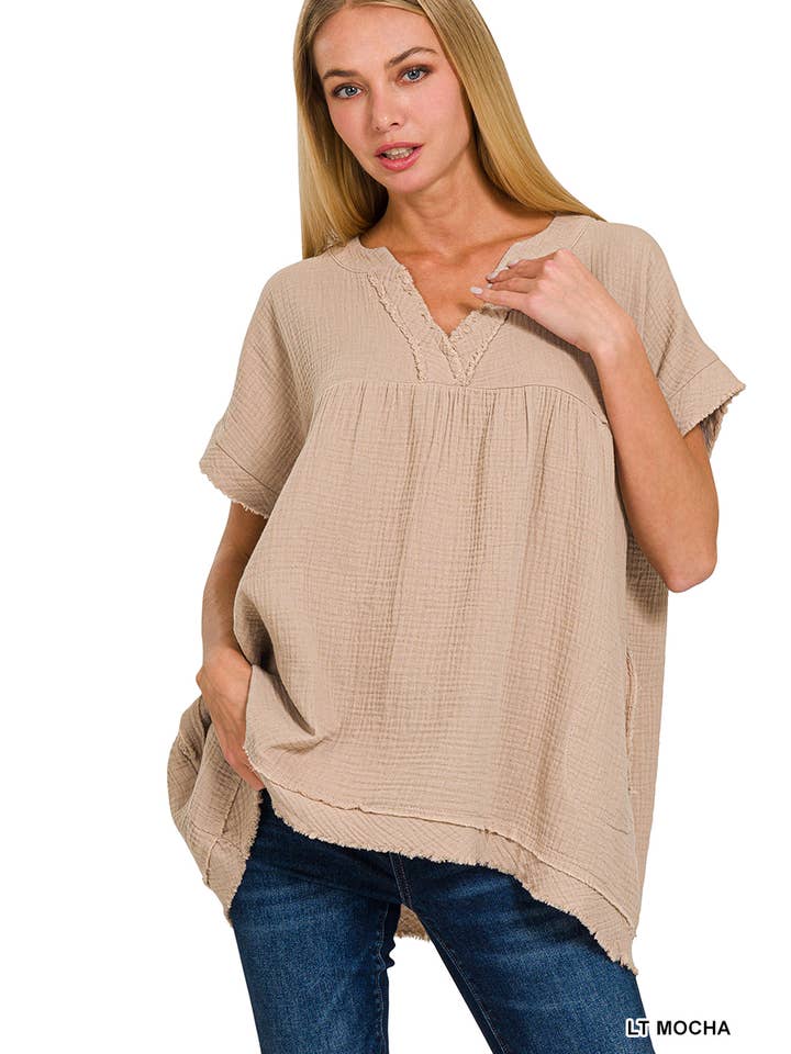 42POPS – wholesale Tunika - Dam – "Rå kant kortärmad V-ringad tröja17