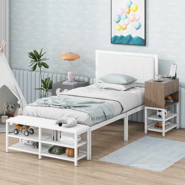 White Twin Metal Platform Bed with Storage Shelves & Cabinet for wholesale on Faire