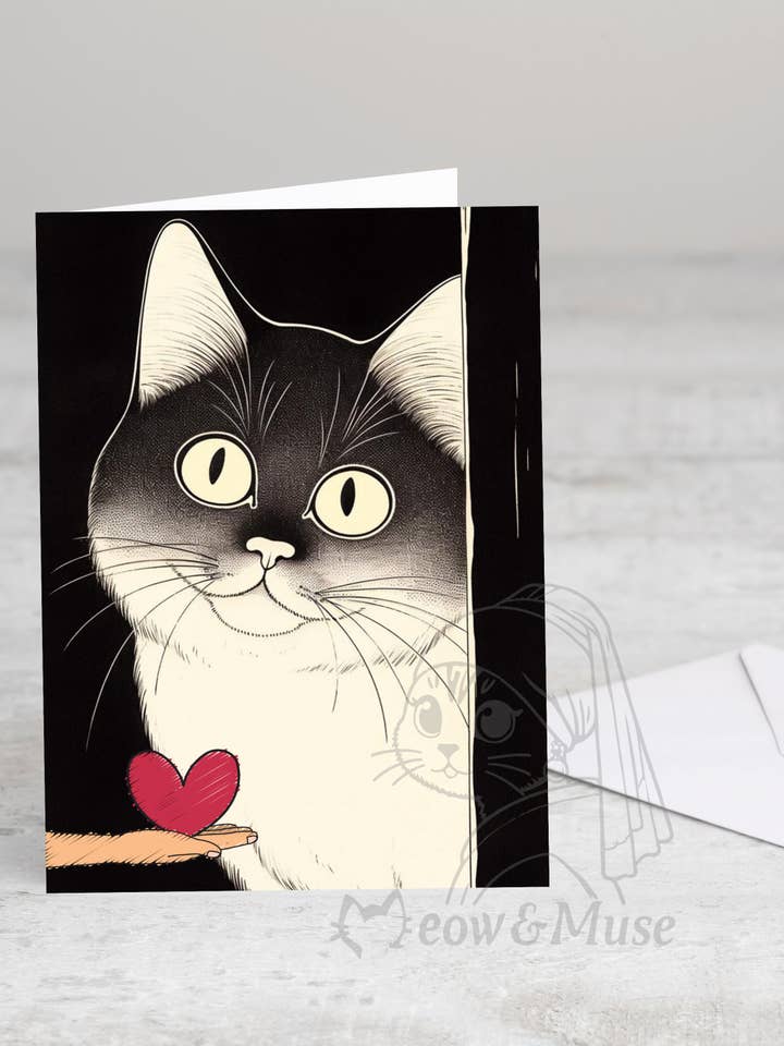 Folded card 'Black face cat with heart' no envelope for wholesale by Meow & Muse