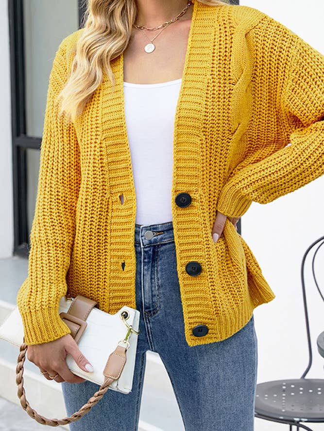 Mustard Cable Knit Open Button Cardigans MMY143 for wholesale by UNISHE